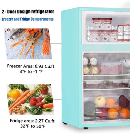 32 Cuft Compact Double Door Refrigerator with Freezer Freestanding Mini Fridge with Top Door Upright Freezer for HomeDormOffice or RV with Removable Glass Shelves Green