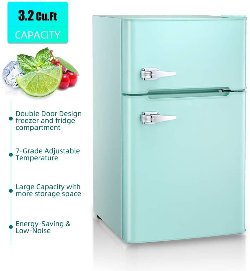 32 Cuft Compact Double Door Refrigerator with Freezer Freestanding Mini Fridge with Top Door Upright Freezer for HomeDormOffice or RV with Removable Glass Shelves Green