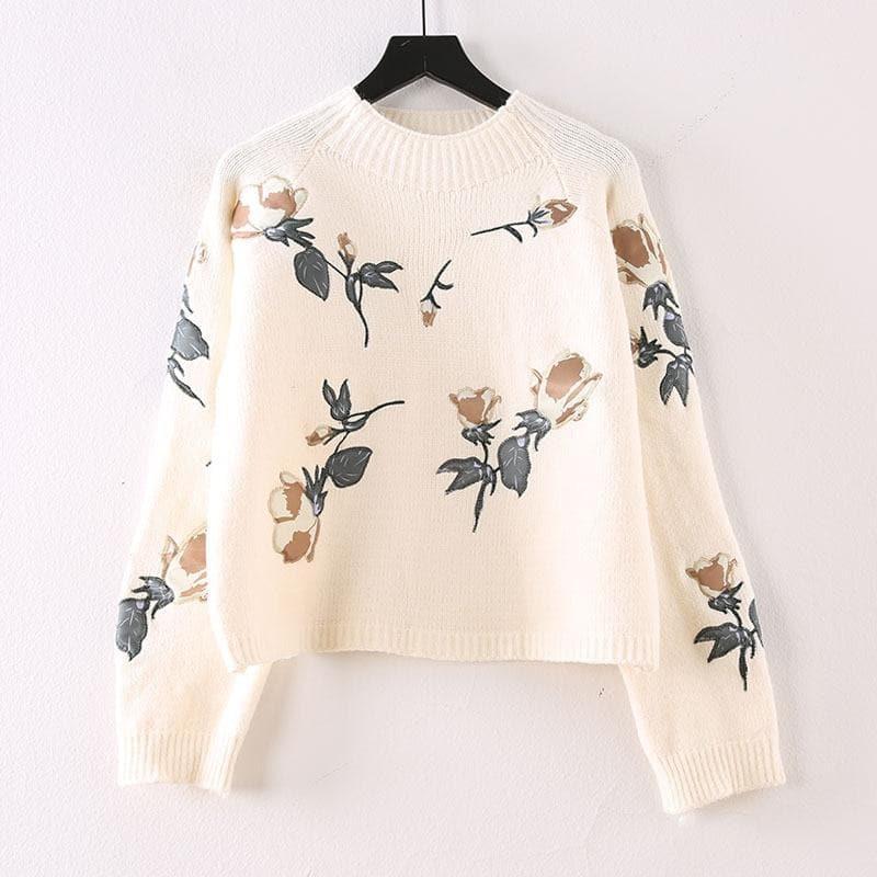 boho flower embroidered pullover sweater