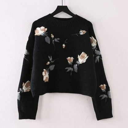 boho flower embroidered pullover sweater