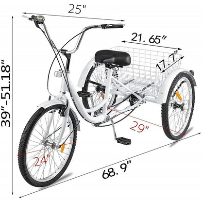 Adult Tricycle Bike, 7 Speed 24in 3-Wheel Bikes with Installation Tools, Three-Wheeled Bicycle Cruiser Tricycle with Shopping Basket for Recreation Shopping, Unisex Comfort Bikes Road Tricycle