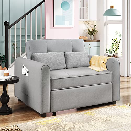 488243 Convertible Sleeper Sofa Bed MultiFunctional Adjustable Single Bed Chair with USB Port and 2 Pillows for Small Space Grey