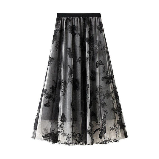 butterfly embroidery tulle midi skirt