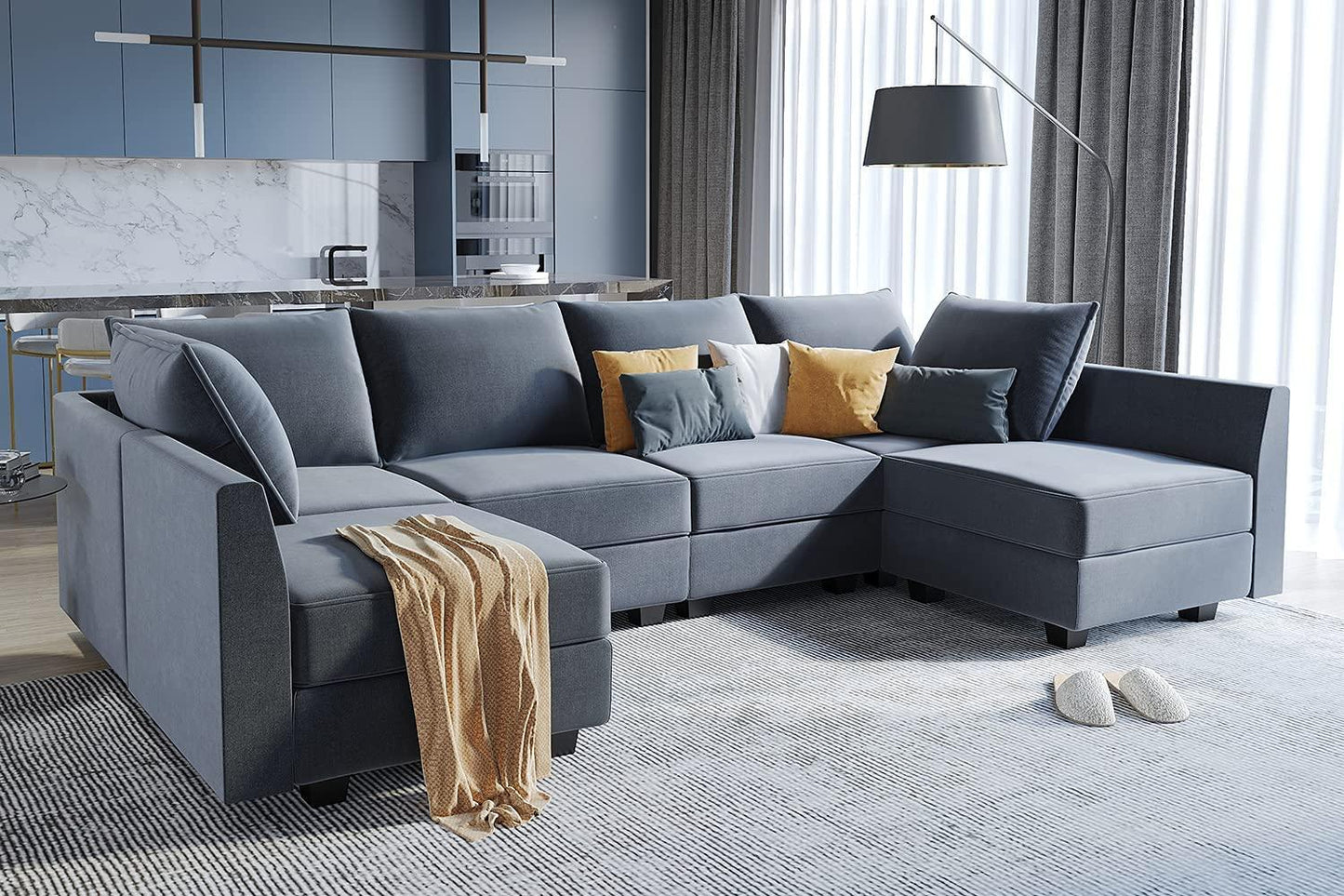 Bluish Grey U-Shape Reversible Sectional Sofa w/ Chaise