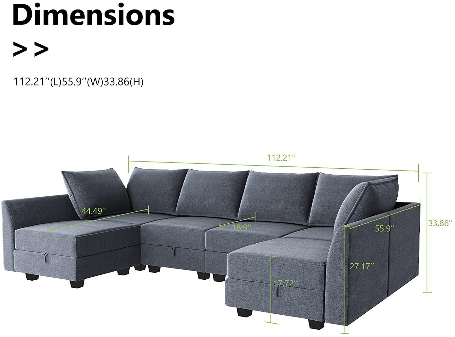 Bluish Grey U-Shape Reversible Sectional Sofa w/ Chaise