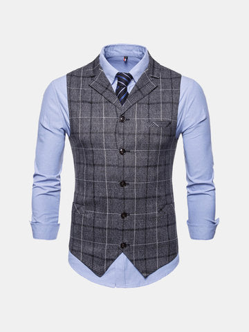 Casual Business Slim Fit Plaid Suit Collar Vest Pure Color Waistcoats For Men