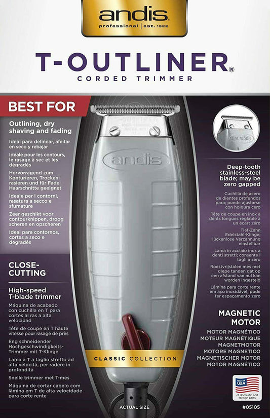 Andis 05105 T-Outliner Corded Trimmer for Men (Silver) Dual Voltage 110-240 Volt